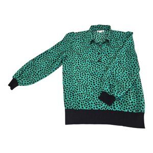 Taurus II Blouse 11-12 Likely Rayon or cotton Mint green, black animal print